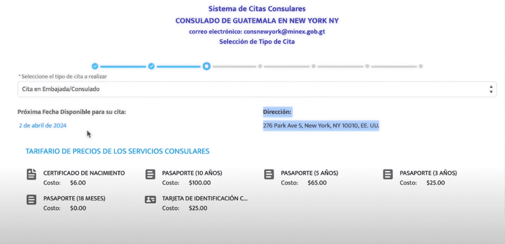 tarifas disponibles de los serivicios consulares a elegir