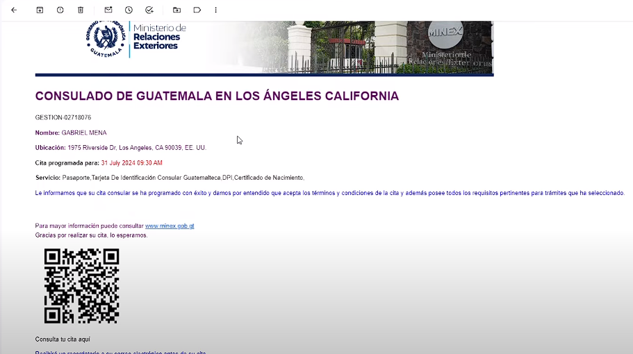 correo de confirmación sobre la cita consular.