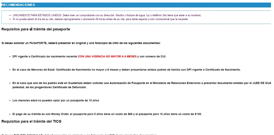 Una vez que hayamos registrado nuetra cita, nos saldrá una lista de los requisitos que necesitamos para poder llegar a la cita preparados.